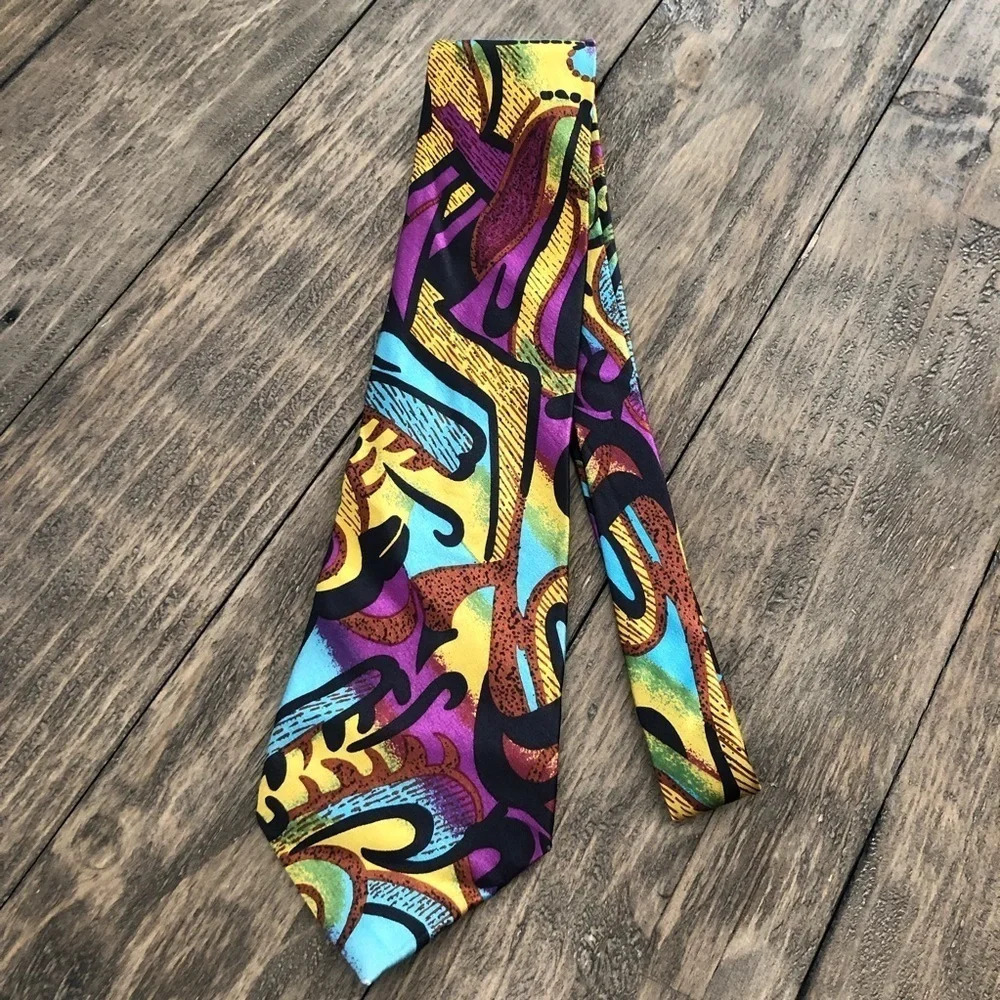 Vintage USA‎ 100% Silk Colorful Purple Yellow Blue Necktie Tie Whimsical 80s 90s